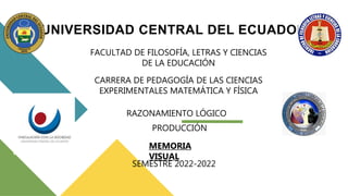 UNIVERSIDAD CENTRAL DEL ECUADOR
FACULTAD DE FILOSOFÍA, LETRAS Y CIENCIAS
DE LA EDUCACIÓN
CARRERA DE PEDAGOGÍA DE LAS CIENCIAS
EXPERIMENTALES MATEMÁTICA Y FÍSICA
RAZONAMIENTO LÓGICO
SEMESTRE 2022-2022
PRODUCCIÓN
MEMORIA
VISUAL
 