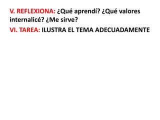 V. REFLEXIONA: ¿Qué aprendí? ¿Qué valores
internalicé? ¿Me sirve?
VI. TAREA: ILUSTRA EL TEMA ADECUADAMENTE
 