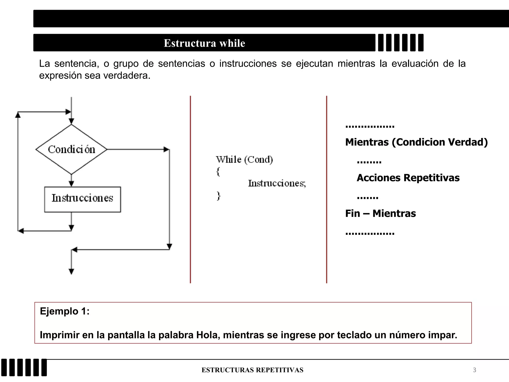 3ESTRUCTURAS REPETITIVAS
Estructura while
La sentencia, o grupo de sentencias o instrucciones se ejecutan mientras la evaluación de la
expresión sea verdadera.
................
Mientras (Condicion Verdad)
........
Acciones Repetitivas
.......
Fin – Mientras
................
Ejemplo 1:
Imprimir en la pantalla la palabra Hola, mientras se ingrese por teclado un número impar.
 
