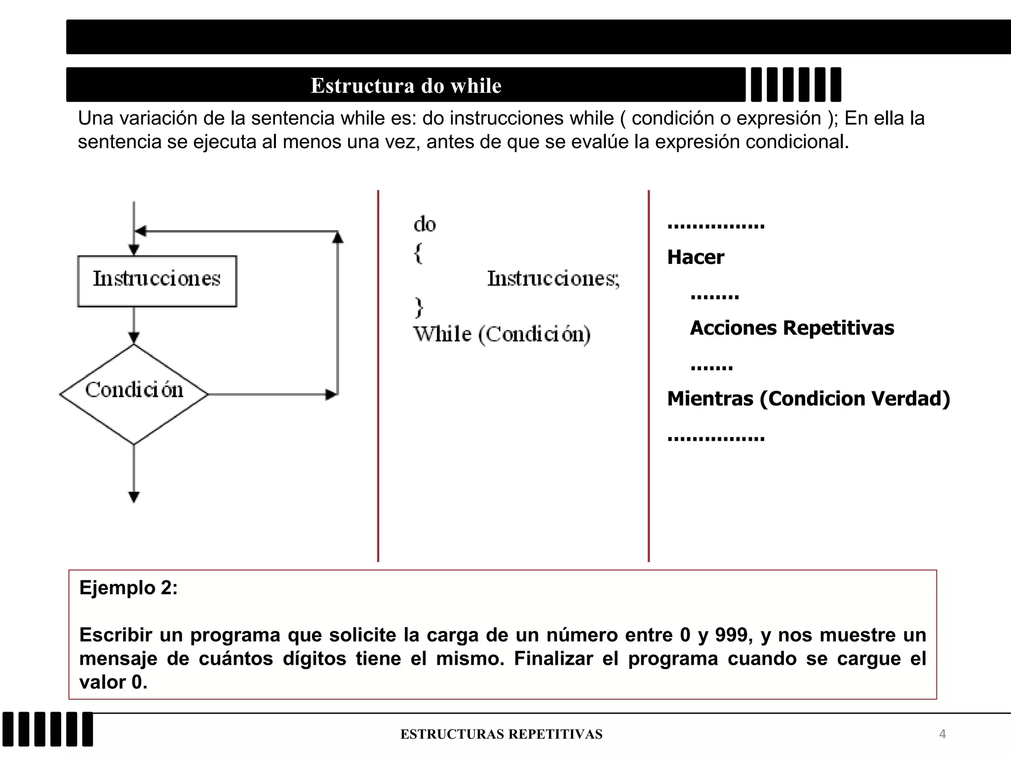 4ESTRUCTURAS REPETITIVAS
Estructura do while
Ejemplo 2:
Escribir un programa que solicite la carga de un número entre 0 y 999, y nos muestre un
mensaje de cuántos dígitos tiene el mismo. Finalizar el programa cuando se cargue el
valor 0.
Una variación de la sentencia while es: do instrucciones while ( condición o expresión ); En ella la
sentencia se ejecuta al menos una vez, antes de que se evalúe la expresión condicional.
................
Hacer
........
Acciones Repetitivas
.......
Mientras (Condicion Verdad)
................
 