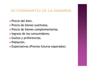  Precio del bien.
 Precio de bienes sustitutos.
 Precio de bienes complementarios.
 Ingreso de los consumidores.
 Gustos y preferencias.
 Población.
 Expectativas (Precios futuros esperados)
 