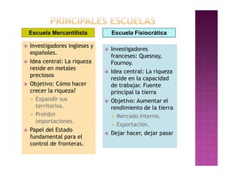 Escuela Mercantilista           Escuela Fisiocrática

   Investigadores ingleses y
                                   Investigadores
    españoles.
                                    franceses: Quesnay,
   Idea central: La riqueza        Fournoy.
    reside en metales
                                   Idea central: La riqueza
    preciosos
                                    reside en la capacidad
   Objetivo: Cómo hacer            de trabajar. Fuente
    crecer la riqueza?              principal la tierra
     Expandir sus                 Objetivo: Aumentar el
      territorios.                  rendimiento de la tierra
     Prohibir                       Mercado Interno.
      importaciones.
                                     Exportación.
   Papel del Estado
                                   Dejar hacer, dejar pasar
    fundamental para el
    control de fronteras.
 