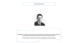 Wilbur Lang Schramm 
El modelo se origina en el supuesto de que todo sistema de comunicación implica la predicción de 
los resultados que el mensaje provocará en el receptor individual o masivo. 
En este modelo, el intérprete sería el jefe de redacción de la radio o televisión. 
 