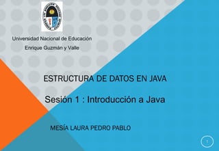 ESTRUCTURA DE DATOS EN JAVA
MESÍA LAURA PEDRO PABLO
1
Sesión 1 : Introducción a Java
Universidad Nacional de Educación
Enrique Guzmán y Valle
 