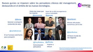 Nuevos gurúes se imponen sobre los pensadores clásicos del management,
destacando en el ámbito de las nuevas tecnologías.
Generar y compartir
contenido de valor
Hacer las cosas que
los inspiran.
@simonsinek
@tferriss
Hacer de su vida una experiencia
única e inolvidable
@garyvee
Afrontar dificultades
económicas y de la vida
@josefajram
@rachelbotsman
El ser humano está hecho
para compartir
@TonyRobbins
Comunicación
persuasiva
@jeffbullas
Inspirar y
educar
@davidburkus
El futuro mundo de
los negocios
https://archivo.elcomercio.pe/especial/zona-ejecutiva/tendencias/conoce-
nuevos-gurues-liderazgo-empresarial-noticia-1974812
 