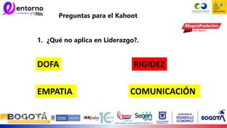 Preguntas para el Kahoot
1. ¿Qué no aplica en Liderazgo?.
DOFA RIGIDEZ
EMPATIA COMUNICACIÓN
 