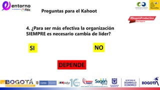 Preguntas para el Kahoot
4. ¿Para ser más efectiva la organización
SIEMPRE es necesario cambia de líder?
SI NO
DEPENDE
 