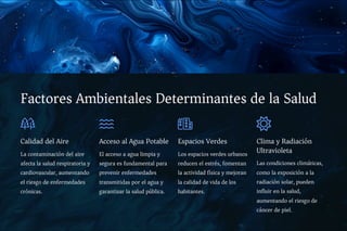 Factores Ambientales Determinantes de la Salud
Calidad del Aire
La contaminación del aire
afecta la salud respiratoria y
cardiovascular, aumentando
el riesgo de enfermedades
crónicas.
Acceso al Agua Potable
El acceso a agua limpia y
segura es fundamental para
prevenir enfermedades
transmitidas por el agua y
garantizar la salud pública.
Espacios Verdes
Los espacios verdes urbanos
reducen el estrés, fomentan
la actividad física y mejoran
la calidad de vida de los
habitantes.
Clima y Radiación
Ultravioleta
Las condiciones climáticas,
como la exposición a la
radiación solar, pueden
influir en la salud,
aumentando el riesgo de
cáncer de piel.
 
