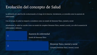 Evolución del concepto de Salud
La definición de salud ha ido evolucionando a lo largo de la historia. Inicialmente, se entendía como la ausencia de
enfermedad.
Con el tiempo, la salud se empezó a considerar como un estado de bienestar físico, mental y social.
Actualmente, la salud se concibe como un estado de completo bienestar físico, mental y social, y no sólo la ausencia de
enfermedad o dolencia.
1
Ausencia de enfermedad
Estado de bienestar físico
2
Bienestar físico, mental y social
Completa bienestar físico, mental y social
 