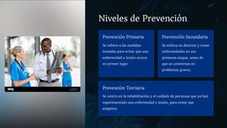 Niveles de Prevención
Prevención Primaria
Se refiere a las medidas
tomadas para evitar que una
enfermedad o lesión ocurra
en primer lugar.
Prevención Secundaria
Se enfoca en detectar y tratar
enfermedades en sus
primeras etapas, antes de
que se conviertan en
problemas graves.
Prevención Terciaria
Se centra en la rehabilitación y el cuidado de personas que ya han
experimentado una enfermedad o lesión, para evitar que
empeore.
 