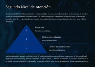 Segundo Nivel de Atención
El segundo nivel de atención se caracteriza por la complejidad de los servicios ofrecidos. Este nivel se encarga de atender a
pacientes que requieren atención especializada y de mayor complejidad. Los servicios del segundo nivel se brindan en
hospitales generales y especializados, que cuentan con profesionales altamente capacitados en diferentes áreas médicas y
quirúrgicas.
1
Hospitales
Atención especializada
2
Clínicas especializadas
Atención especializada
3
Centros de rehabilitación
Atención rehabilitadora
Las instituciones del segundo nivel se encargan de realizar procedimientos quirúrgicos, tratamientos de alta complejidad,
diagnósticos especializados y atención a pacientes en estado crítico. La atención en este nivel se basa en la intervención de
un equipo multidisciplinario de profesionales, incluyendo médicos, enfermeros, farmacéuticos, fisioterapeutas y psicólogos.
 