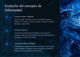 Evolución del concepto de
Enfermedad
1 Concepto Mágico-Religioso
Las enfermedades se atribuían a fuerzas sobrenaturales, espíritus
malignos o la ira divina. Se recurría a rituales, exorcismos y sacrificios
para aplacar a los espíritus.
2 Concepto Humoral
Se creía que la salud dependía del equilibrio de cuatro humores
corporales: sangre, flema, bilis amarilla y bilis negra. El desequilibrio de
estos humores causaba enfermedades.
3 Concepto Científico-Biológico
La enfermedad se considera resultado de la interacción entre el agente
causal, el huésped y el ambiente. Se busca comprender la etiología, la
patogenia y la fisiopatología de las enfermedades.
 