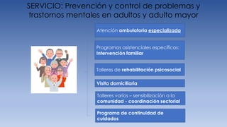 Talleres de rehabilitación psicosocial
Programa de continuidad de
cuidados
Talleres varios – sensibilización a la
comunidad - coordinación sectorial
Programas asistenciales específicos:
Intervención familiar
Visita domiciliaria
Atención ambulatoria especializada
SERVICIO: Prevención y control de problemas y
trastornos mentales en adultos y adulto mayor
 