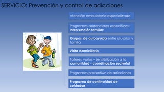SERVICIO: Prevención y control de adicciones
Atención ambulatoria especializada
Programas preventivo de adicciones
Grupos de autoayuda entre usuarios y
familia
Programas asistenciales específicos:
Intervención familiar
Programa de continuidad de
cuidados
Visita domiciliaria
Talleres varios – sensibilización a la
comunidad - coordinación sectorial
 