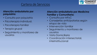 Cartera de Servicios
Atención ambulatoria por
psiquiatría:
• Consulta por psiquiatría
• Psicoterapia individual,
• Psicoterapia familiar
• Terapia grupal
• Seguimiento y monitoreo de
usuarios
Atención ambulatoria por Medicina
Familiar y Comunitaria:
• Consulta por MFyC
• Consejerías anticipatorias según
etapa de vida
• Intervención familiar
• Seguimiento y monitoreo de
usuarios
• Visita Domiciliaria
• Coordinación intersectorial,
interinstitucional
 