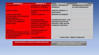 PRIORIDAD I PRIORIDAD II PRIORIDAD III PRIORIDAD IV
SUICIDIO FRUSTRO SINDROME DE ABSTINENCIA
DE DROGAS Y ALCOHOL
SIGNOS Y SINTOMAS DE
DEPRESION
ENFERMEDADES CRONICAS
NO DESCOMPENSADAS
INTENTO SUICIDA PACIENTES CON IDEACION
SUICIDA
CRISIS DE ANSIEDAD O
DISOCIATIVA
CRISIS DE AGITACION
PSICOMOTORA CON CONDUCTA
HETEROAGRESIVA
CRISIS DE ANSIEDAD NEUROSIS DE ANSIEDAD
SOBREDOSIS DE DROGAS O
ALCOHOL MAS DEPRESION
RESPIRATORIA
REAGUDIZACIÓN DE
CUADRO PSICOTICO SIN
CONDUCTA SUICIDA NI
AGITACION PSICOMOTORA
FUERA DE CONTROL
PACIENTE PSICOTICO CON
REAGUDIZACION DE SUS
SINTOMAS, PERO AUN SIN
CONDUCTA PSICOTICA
INGESTA DE
ORGANOSFOSFORADOS, ACIDOS,
ALCALIS, OTRAS INTOXICACIONES
O ENVENENAMIENTOS
CUADRO DE DEMENCIA
CON CONDUCTA
PSICOTICA
CASOS GRAVES CASOS MODERADOS CASOS LEVES – MENOS COMPLEJOS
SERAN REFERIDOS AL HOSPITAL DE MAYOR RESOLUCIÓN SERAN ATENDIDOS EN EESS PRIMER NIVEL DE ATENCION
Y SEGÚN NECESIDAD REFERIDOS AL CSMC
 