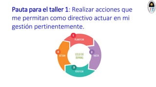 Pauta para el taller 1: Realizar acciones que
me permitan como directivo actuar en mi
gestión pertinentemente.
 