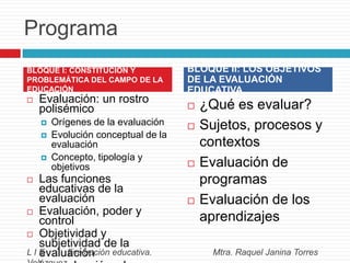 Programa
BLOQUE I: CONSTITUCIÓN Y
PROBLEMÁTICA DEL CAMPO DE LA
EDUCACIÓN


Evaluación: un rostro
polisémico




Orígenes de la evaluación
Evolución conceptual de la
evaluación
Concepto, tipología y
objetivos

Las funciones
educativas de la
evaluación
 Evaluación, poder y
control
 Objetividad y
subjetividad de la
L I E - Evaluación educativa.
evaluación

BLOQUE II: LOS OBJETIVOS
DE LA EVALUACIÓN
EDUCATIVA









¿Qué es evaluar?
Sujetos, procesos y
contextos
Evaluación de
programas
Evaluación de los
aprendizajes
Mtra. Raquel Janina Torres

 