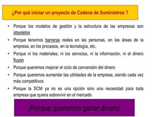 •Porque los modelos de gestión y la estructura de las empresas son obsoletos 
•Porque tenemos barreras reales en las personas, en las áreas de la empresa, en los procesos, en la tecnología, etc. 
•Porque ni los materiales, ni los servicios, ni la información, ni el dinero fluyen 
•Porque queremos mejorar el ciclo de conversión del dinero 
•Porque queremos aumentar las utilidades de la empresa, siendo cada vez más competitivos 
•Porque la SCM ya no es una opción sino una necesidad para toda empresa que quiera sobrevivir en el mercado 
¿Por qué iniciar un proyecto de Cadena de Suministros ? 
¡Porque queremos ganar dinero!  