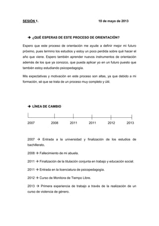 SESIÓN 1. 10 de mayo de 2013
 ¿QUÉ ESPERAS DE ESTE PROCESO DE ORIENTACIÓN?
Espero que este proceso de orientación me ayude a definir mejor mi futuro
próximo, pues termino los estudios y estoy un poco perdida sobre qué hacer el
año que viene. Espero también aprender nuevos instrumentos de orientación
además de los que ya conozco, que pueda aplicar yo en un futuro puesto que
también estoy estudiando psicopedagogía.
Mis expectativas y motivación en este proceso son altas, ya que debido a mi
formación, sé que se trata de un proceso muy completo y útil.
 LÍNEA DE CAMBIO
2007 2008 2011 2011 2012 2013
2007  Entrada a la universidad y finalización de los estudios de
bachillerato.
2008  Fallecimiento de mi abuela.
2011  Finalización de la titulación conjunta en trabajo y educación social.
2011  Entrada en la licenciatura de psicopedagogía.
2012  Curso de Monitora de Tiempo Libre.
2013  Primera experiencia de trabajo a través de la realización de un
curso de violencia de género.
 