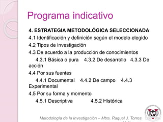 4. ESTRATEGIA METODOLÓGICA SELECCIONADA 
4.1 Identificación y definición según el modelo elegido 
4.2 Tipos de investigación 
4.3 De acuerdo a la producción de conocimientos 
4.3.1 Básica o pura 4.3.2 De desarrollo 4.3.3 De 
acción 
4.4 Por sus fuentes 
4.4.1 Documental 4.4.2 De campo 4.4.3 
Experimental 
4.5 Por su forma y momento 
4.5.1 Descriptiva 4.5.2 Histórica 
Metodología de la Investigación – Mtra. Raquel J. Torres 
Velázquez 
Programa indicativo 
 