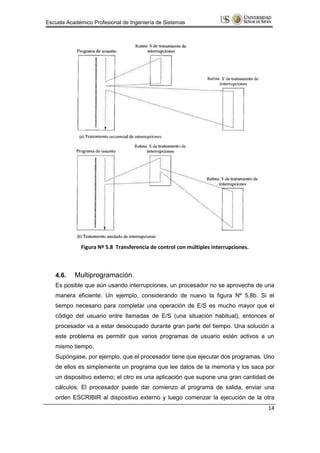 Escuela Académico Profesional de Ingeniería de Sistemas




             Figura Nº 5.8 Transferencia de control con múltiples interrupciones.



   4.6.    Multiprogramación.
   Es posible que aún usando interrupciones, un procesador no se aproveche de una
   manera eficiente. Un ejemplo, considerando de nuevo la figura Nº 5.8b. Si el
   tiempo necesario para completar una operación de E/S es mucho mayor que el
   código del usuario entre llamadas de E/S (una situación habitual), entonces el
   procesador va a estar desocupado durante gran parte del tiempo. Una solución a
   este problema es permitir que varios programas de usuario estén activos a un
   mismo tiempo.
   Supóngase, por ejemplo, que el procesador tiene que ejecutar dos programas. Uno
   de ellos es simplemente un programa que lee datos de la memoria y los saca por
   un dispositivo externo; el otro es una aplicación que supone una gran cantidad de
   cálculos. El procesador puede dar comienzo al programa de salida, enviar una
   orden ESCRIBIR al dispositivo externo y luego comenzar la ejecución de la otra
                                                                                    14
 