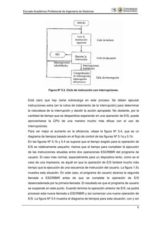 Escuela Académico Profesional de Ingeniería de Sistemas




                     Figura Nº 5.3. Ciclo de instrucción con interrupciones.


   Está claro que hay cierta sobrecarga en este proceso. Se deben ejecutar
   instrucciones extra (en la rutina de tratamiento de la interrupción) para determinar
   la naturaleza de la interrupción y decidir la acción apropiada. No obstante, por la
   cantidad de tiempo que se desperdicia esperando en una operación de E/S, puede
   aprovecharse la CPU de una manera mucho más eficaz con el uso de
   interrupciones.
   Para ver mejor el aumento en la eficiencia, véase la figura Nº 5.4, que es un
   diagrama de tiempos basado en el flujo de control de las figuras Nº 5.1a y 5.1b.
   En las figuras Nº 5.1b y 5.4 se supone que el tiempo exigido para la operación de
   E/S es relativamente pequeño: menos que el tiempo para completar la ejecución
   de las instrucciones situadas entre dos operaciones ESCRIBIR del programa de
   usuario. El caso más normal, especialmente para un dispositivo lento, como es el
   caso de una impresora, es aquél en que la operación de E/S tardará mucho más
   tiempo que la ejecución de una secuencia de instrucción del usuario. La figura 1.5c
   muestra esta situación. En este caso, el programa de usuario alcanza la segunda
   llamada a ESCRIBIR antes de que se complete la operación de E/S
   desencadenada por la primera llamada. El resultado es que el programa de usuario
   se suspende en este punto. Cuando termine la operación anterior de E/S, se podrá
   procesar esta nueva llamada a ESCRIBIR y así comenzar una nueva operación de
   E/S. La figura Nº 5.5 muestra el diagrama de tiempos para esta situación, con y sin

                                                                                      6
 