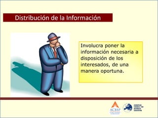 Distribución de la Información
Involucra poner la
información necesaria a
disposición de los
interesados, de una
manera oportuna.
 