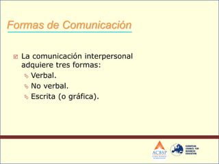  La comunicación interpersonal
adquiere tres formas:
 Verbal.
 No verbal.
 Escrita (o gráfica).
Formas de Comunicación
 
