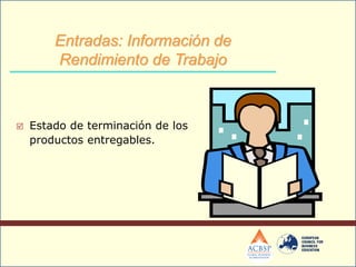  Estado de terminación de los
productos entregables.
Entradas: Información de
Rendimiento de Trabajo
 