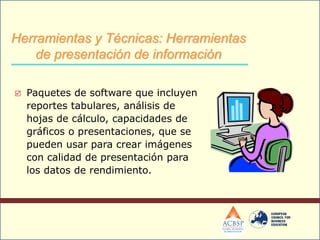  Paquetes de software que incluyen
reportes tabulares, análisis de
hojas de cálculo, capacidades de
gráficos o presentaciones, que se
pueden usar para crear imágenes
con calidad de presentación para
los datos de rendimiento.
Herramientas y Técnicas: Herramientas
de presentación de información
 