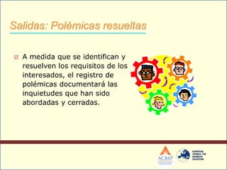 A medida que se identifican y
resuelven los requisitos de los
interesados, el registro de
polémicas documentará las
inquietudes que han sido
abordadas y cerradas.
Salidas: Polémicas resueltas
 