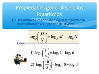 Propiedades generales de los
logaritmos
10
4) El logaritmo de un cociente es igual al logaritmo del
dividendo menos el logaritmo del divisor.
Ejemplos:
2 2 2
5 5 5
1
1) log log 1 log 6
6
10
2) log log 10 log 5
5
 
= − ÷
 
 
= − ÷
 
 