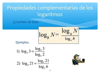 Propiedades complementarias de los
logaritmos
14
3) Cambio de base.
Ejemplos.
5
2
5
3
6
3
log 3
1) log 3
log 2
log 21
2) log 21
log 6
=
=
 
