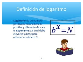 Definición de logaritmo
3
∗ Logaritmo de un número
positivo N en una base b,
positiva y diferente de 1, es
el exponente x al cual debe
elevarse la base para
obtener el número N.
 