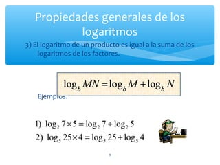 Propiedades generales de los
logaritmos
9
3) El logaritmo de un producto es igual a la suma de los
logaritmos de los factores.
Ejemplos:
2 2 2
5 5 5
1) log 7 5 log 7 log 5
2) log 25 4 log 25 log 4
× = +
× = +
 
