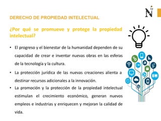DERECHO DE PROPIEDAD INTELECTUAL
¿Por qué se promueve y protege la propiedad
intelectual?
• El progreso y el bienestar de la humanidad dependen de su
capacidad de crear e inventar nuevas obras en las esferas
de la tecnología y la cultura.
• La protección jurídica de las nuevas creaciones alienta a
destinar recursos adicionales a la innovación.
• La promoción y la protección de la propiedad intelectual
estimulan el crecimiento económico, generan nuevos
empleos e industrias y enriquecen y mejoran la calidad de
vida.
 