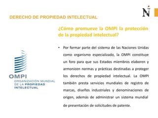 DERECHO DE PROPIEDAD INTELECTUAL
¿Cómo promueve la OMPI la protección
de la propiedad intelectual?
• Por formar parte del sistema de las Naciones Unidas
como organismo especializado, la OMPI constituye
un foro para que sus Estados miembros elaboren y
armonicen normas y prácticas destinadas a proteger
los derechos de propiedad intelectual. La OMPI
también presta servicios mundiales de registro de
marcas, diseños industriales y denominaciones de
origen, además de administrar un sistema mundial
de presentación de solicitudes de patente.
 