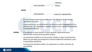 ANTES
EXPLICACIONES
LÁMINAS
VÍDEOS
EXPERIMENTO GUÍAS DE LABORATORIO
AHORA
El conocimiento previo es la variable que más influye en el aprendizaje
signifcativo (Ausubel).
Los pensamientos, los sentimientos y las acciones están integrados en el ser
que aprende; esa integración es positiva, constructiva, cuando el aprendizaje
es signifcativo (Novak).
El estudiante es quien decide si quiere aprender signifcativamente
determinado conocimiento (Ausubel; Gowin).
Las situaciones problema son las que dan sentido a nuevos conocimientos;
deben ser pensadas para despertar la intencionalidad del estudiante y para
el aprendizaje signifcativo
Las situaciones problema deben ser propuestas en niveles crecientes de
complejidad.
 