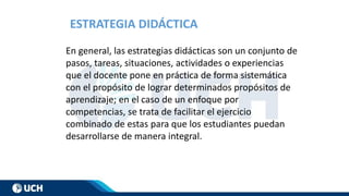 En general, las estrategias didácticas son un conjunto de
pasos, tareas, situaciones, actividades o experiencias
que el docente pone en práctica de forma sistemática
con el propósito de lograr determinados propósitos de
aprendizaje; en el caso de un enfoque por
competencias, se trata de facilitar el ejercicio
combinado de estas para que los estudiantes puedan
desarrollarse de manera integral.
ESTRATEGIA DIDÁCTICA
 