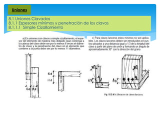 8.1 Uniones Clavadas
8.1.1 Espesores mínimos y penetración de los clavos
8.1.1.1 Simple Cizallamiento
Uniones
 
