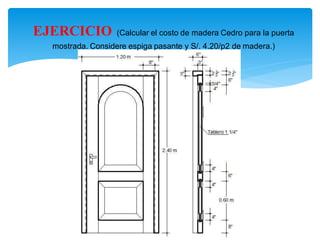 EJERCICIO (Calcular el costo de madera Cedro para la puerta
mostrada. Considere espiga pasante y S/. 4.20/p2 de madera.)
 