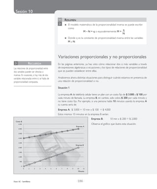 Sesión 10
| 186 |Duoc UC - Santillana
	
	
	
Resumen
	 El modelo matemático de la proporcionalidad inversa se puede escribir
como
M • N = q o equivalentemente M =
q
N
	 Donde q es la constante de proporcionalidad inversa entre las variables
M y N.
Variaciones proporcionales y no proporcionales
En las páginas anteriores, ya has visto cómo relacionar dos o más variables a través
de expresiones algebraicas o ecuaciones y los tipos de relaciones de proporcionalidad
que se pueden establecer entre ellas.
Analicemos ahora distintas situaciones para distinguir cuándo estamos en presencia de
una relación de proporcionalidad o no.
Situación 1
La empre­sa A de tele­fo­nía celu­lar tiene un plan con un costo fijo de $ 3.000 y $ 100 por
cada minu­to de lla­ma­da. La empre­sa B, en cam­bio, solo cobra $ 200 por cada minu­to y
no tiene costo fijo. Por ejem­plo, si una per­so­na habla 10 minu­tos usan­do la empre­sa A
su cuen­ta sería de:
Empresa A:	 $ 3.000 + 10 min x $ 100 = $ 4.000
Estos mis­mos 10 minu­tos en la empre­sa B serí­an:
Empresa B:	 10 min x $ 200 = $ 2.000
Observa el grá­fi­co que ilus­tra esta situa­ción.
Las relaciones de proporcionalidad entre
dos variables pueden ser directas o
inversas. En ocasiones, si hay más de dos
variables relacionadas entre sí, se habla de
proporcionalidad compuesta.
Recuerda
Minutos
Empresa A
Empresa B
Costo $
 