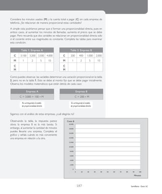 | 187 | Santillana - Duoc UC
Tabla 1: Empresa A Tabla 2: Empresa B
Empresa A Empresa B
Considera los minu­tos usa­dos (M) y la cuen­ta total a pagar (C) en cada empre­sa de
tele­fo­nía. ¿Se rela­cio­nan de mane­ra pro­por­cio­nal estas can­ti­da­des?
A sim­ple vista podrí­a­mos pen­sar que sí for­man una pro­por­cio­na­li­dad direc­ta, pues en
ambos casos, al aumen­tar los minu­tos de lla­ma­das, aumen­ta el pre­cio que se debe
pagar. Pero recuer­da que dos varia­bles se rela­cio­nan en pro­por­cio­na­li­dad direc­ta solo
sí el cocien­te entre sus mag­ni­tu­des es cons­tan­te. Completa las ­tablas para exa­mi­nar
esta con­di­ción.
Como pue­des obser­var, las varia­bles deter­mi­nan una varia­ción pro­por­cio­nal en la tabla
2, pero no en la tabla 1. Esto se debe al monto fijo que se debe pagar ini­cial­men­te.
Observa los mode­los mate­má­ti­cos que están ­detrás de cada caso:
	 C = 3.000 + 100 • M		 C = 200 • M
Sigamos con el aná­li­sis de estas empre­sas, ¿cuál ele­gi­rí­as tú?
Observando la tabla, la res­pues­ta pare­ce
obvia: la empre­sa B es la más bara­ta. Si
embar­go, al aumen­tar la can­ti­dad de minu­tos
pue­des lle­var­te una sor­pre­sa. Completa el
grá­fi­co y seña­la cuán­do es más con­ve­nien­te
una empre­sa en rela­ción a la otra.
No corresponde al modelo
de proporcionalidad directa
Sí corresponde al modelo
de proporcionalidad directa
C	 3.100	 3.200	 3.500	 4.000	 C	 200	 400	 1.000	 2.000
M	 1	 2	 5	 10	 M	 1	 2	 5	 10
C
M
					
C
M
				
Minutos
Costo $
 