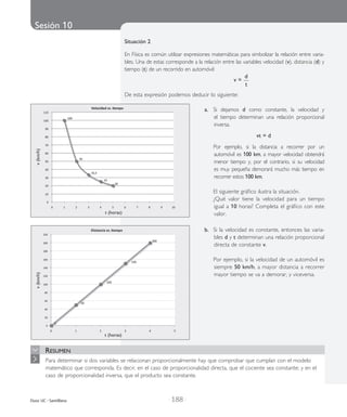 Sesión 10
| 188 |Duoc UC - Santillana
Situación 2
En Física es común uti­li­zar expre­sio­nes mate­má­ti­cas para sim­bo­li­zar la rela­ción entre varia­
bles. Una de estas corres­pon­de a la rela­ción entre las varia­bles velo­ci­dad (v), dis­tan­cia (d) y
tiem­po (t) de un recorrido en automóvil:
v =
d
t
De esta expre­sión pode­mos dedu­cir lo siguien­te:
a.	 Si deja­mos d como cons­tan­te, la velo­ci­dad y
el tiem­po deter­mi­nan una rela­ción pro­por­cio­nal
inver­sa.
vt = d
	 Por ejem­plo, si la dis­tan­cia a reco­rrer por un
automóvil es 100 km, a mayor velo­ci­dad obten­drá
menor tiem­po y, por el con­tra­rio, si su velo­ci­dad
es muy peque­ña demo­ra­rá mucho más tiem­po en
reco­rrer estos 100 km.
	 El siguiente gráfico ilustra la situación.
	 ¿Qué valor tiene la velocidad para un tiempo
igual a 10 horas? Completa el gráfico con este
valor.
b.	 Si la velo­ci­dad es cons­tan­te, enton­ces las varia­
bles d y t deter­mi­nan una rela­ción pro­por­cio­nal
direc­ta de cons­tan­te v.
	 Por ejem­plo, si la velo­ci­dad de un automóvil es
siem­pre 50 km/h, a mayor dis­tan­cia a reco­rrer
mayor tiem­po se va a demo­rar, y vice­ver­sa.
t (horas)
v(km/h)
t (horas)
v(km/h)
Resumen
Para deter­mi­nar si dos varia­bles se rela­cio­nan pro­por­cio­nal­men­te hay que com­pro­bar que cum­plan con el mode­lo
mate­má­ti­co que corres­pon­da. Es decir, en el caso de pro­por­cio­na­li­dad direc­ta, que el cocien­te sea cons­tan­te; y en el
caso de pro­por­cio­na­li­dad inver­sa, que el pro­duc­to sea cons­tan­te.
 