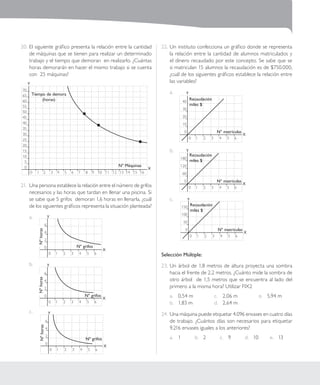 | 195 | Santillana - Duoc UC
20.	El siguiente gráfico presenta la relación entre la cantidad
de máquinas que se tienen para realizar un determinado
trabajo y el tiempo que demoran en realizarlo. ¿Cuántas
horas demorarán en hacer el mismo trabajo si se cuenta
con 25 máquinas?
0 	 1 	 2 	 3 	 4	 5 	 6 	 7 	 8 	 9 	 10 	 11 	 12	 13	 14	 15	 16
X
Y
70
65
60
55
50
45
40
35
30
25
20
15
10
5
0
Tiempo de demora
(horas)
Nº Máquinas
21.	 Una persona establece la relación entre el número de grifos
necesarios y las horas que tardan en llenar una piscina. Si
se sabe que 5 grifos demoran 1,6 horas en llenarla, ¿cuál
de los siguientes gráficos representa la situación planteada?
a.	
0	 1	 2	 3	 4	 5	 6
X
Y
6
4
2
0
Nºhoras
Nº grifos
b.	
0	 1	 2	 3	 4	 5	 6
X
Y
6
4
2
0
Nºhoras
Nº grifos
c.	 		
0	 1	 2	 3	 4	 5	 6
X
Y
6
4
2
0
Nºhoras
Nº grifos
22.	Un instituto confecciona un gráfico donde se representa
la relación entre la cantidad de alumnos matriculados y
el dinero recaudado por este concepto. Se sabe que se
si matriculan 15 alumnos la recaudación es de $750.000,
¿cuál de los siguientes gráficos establece la relación entre
las variables?
a.	
0	 1	 2	 3	 4	 5	 6
X
Y
40
30
20
10
0
Recaudación
miles $
Nº matrículas
b.	
0	 1	 2	 3	 4	 5	 6
X
Y
180
120
60
0
Recaudación
miles $
Nº matrículas
c.	 		
0	 1	 2	 3	 4	 5	 6
X
Y
150
100
50
0
Recaudación
miles $
Nº matrículas
Selección Múltiple:
23.	Un árbol de 1,8 metros de altura proyecta una sombra
hacia el frente de 2,2 metros. ¿Cuánto mide la sombra de
otro árbol de 1,5 metros que se encuentra al lado del
primero a la misma hora? Utilizar FIX2
a.	 0,54 m
b.	 1,83 m
c.	 2,06 m
d.	 2,64 m
e.	 5,94 m
24.	Una máquina puede etiquetar 4.096 envases en cuatro días
de trabajo. ¿Cuántos días son necesarios para etiquetar
9.216 envases iguales a los anteriores?
a.	 1 b.	 2 c.	 9 d.	 10 e.	 13
	
 