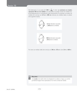 Sesión 10
| 178 |Duoc UC - Santillana
Está ela­bo­ra­do en una esca­la de 1:100 ó 100
1
. Es decir, un cen­tí­me­tro en el plano
represen­ta 100 cm en la rea­li­dad. Con estos datos se pueden cal­cu­lar las medi­das rea­
les del depar­ta­men­to sin nece­si­dad de medir direc­ta­men­te. Por ejem­plo, en el plano, las
medi­das de la terra­za son 2,4 cm y 0,85 cm; enton­ces, las medi­das rea­les se cal­cu­lan
de la siguien­te mane­ra:
Por tanto, las medi­das rea­les de la terra­za son 240 cm y 85 cm o bien 2,4 m y 0,85 m.
Resumen
Una esca­la es la razón entre una lon­gi­tud en un plano o mapa y su corres­
pon­dien­te lon­gi­tud real, expre­sa­das en la misma uni­dad de medi­da.
• 2,4
• 2,4
1
100
=
2,4
240
2,4 cm del plano equivalen
a 240 cm de la realidad.
1
100
=
0,85
85
• 0,85
• 0,85
0,85 cm del plano equivalen
a 85 cm de la realidad.
 