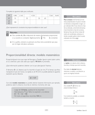 | 181 | Santillana - Duoc UC
Plano cartesiano: está formado por dos
rectas perpendiculares. El punto en donde
se intersectan corresponden al origen y al
par ordenado (0,0). El eje vertical es el eje
de las ordenadas, comúnmente llamado y,
el eje horizontal es el eje de las abcisas,
llamado x. Estos ejes forman la base del
sistema de coordenadas cartesianas, en
donde se pueden graficar todos los pares
ordenados de la forma (x,y).
Recuerda
La rapidez es la relación entre la distancia
recorrida y el tiempo que tomó recorrerla.
Para hablar de velocidad debemos
mencionar un sentido y una dirección, ya
que es una magnitud vectorial.
Recuerda
Dos variables P y Q forman una
proporcionalidad directa si
P
Q
= k
Si se invierten las variables, su constante
también se invertirá:
Q
P
=
1
k
Recuerda
Proporcionalidad direc­ta: mode­lo mate­má­ti­co
El papá de Ignacio tuvo que viajar de Rancagua a Zapallar. Ignacio quiere saber cuánto
se va a demorar, pero solo sabe que viajará a 90 km/h en promedio.
¿Qué infor­ma­ción pode­mos obte­ner con lo que sabe Ignacio? Veamos.
Si lla­ma­mos D a la dis­tan­cia que ha reco­rri­do el papá (en km), T al tiem­po que lleva
mane­jan­do el auto (en horas) y la rapi­dez es de 90 km/h, es posi­ble plan­te­ar la siguien­te
expre­sión que las rela­cio­na:
D = 90T
Con este mode­lo mate­má­ti­co es posi­ble obte­ner bas­tan­te infor­ma­ción; por ejem­plo,
pode­mos saber la dis­tan­cia reco­rri­da en dis­tin­tos momen­tos del viaje.
Luego de 1,5 horas, ¿cuán­tos km ha reco­rri­do?
Reemplazamos T por 1,5 en la expre­sión y se obtie­ne:
D = 90 • 1,5 = 135
Por tanto, el papá lleva reco­rri­dos 135 km.
	 si su cociente es constante. Algebraicamente,
A
B
= k (k: constante)
Resumen
	 Dos variables A y B se relacionan de manera directamente proporcional,
	 si su cociente es constante. Algebraicamente, B
A
= k (k: constante)
	 En su gráfica, siempre se apreciará una línea recta ascendente que pasa
por el origen del plano cartesiano.
Completa la siguiente tabla para verificarlo.
	 P	 1.080	 2.160		 4.320			 7.560	 8.640
	 C	 10		 30		 50	 60		
	
P
C
	 108
¿Qué representa la constante de proporcionalidad en este caso?
 