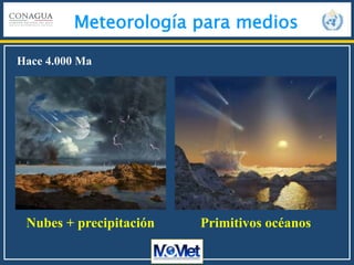 Meteorología para medios
Hace 4.000 Ma
Nubes + precipitación Primitivos océanos
 