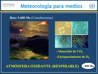 Meteorología para medios
Hace 3.600 Ma (Cianobacterias)
ATMÓSFERA OXIDANTE (RESPIRABLE)
- Absorción de CO2
- Enriquecimiento de O2
~ 850 Ma
 
